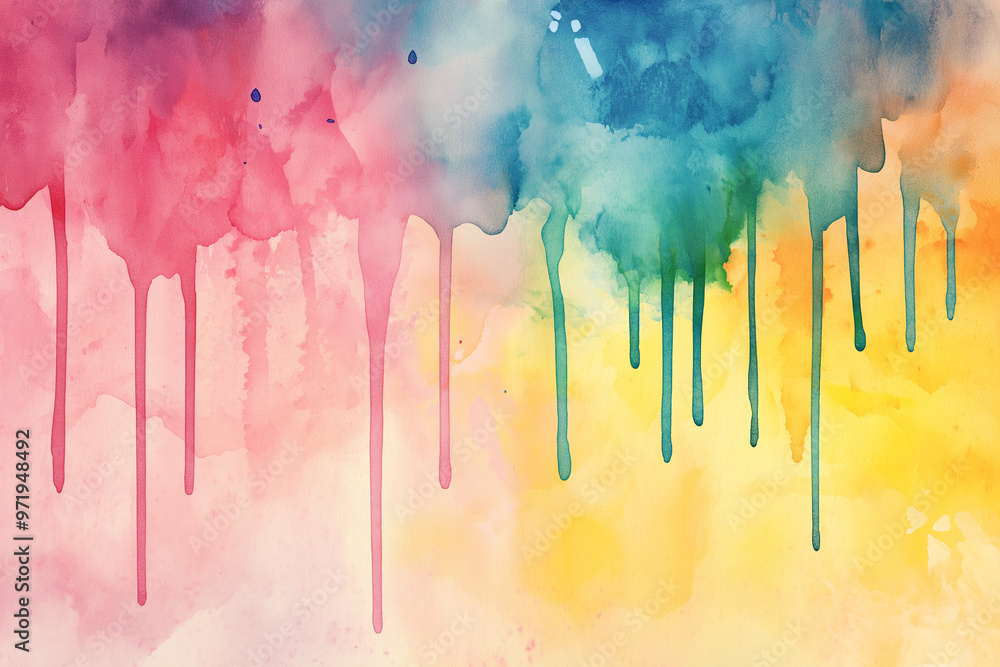 Fototapeta premium Watercolor Colorful Illustration Artwork Stain Drips. Rainbow colors of paint dripping on white background. Abstract watercolor flow down hand painted background