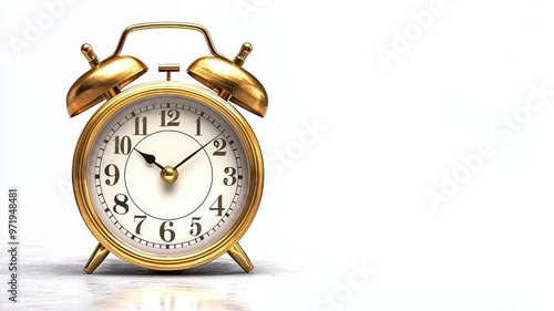A classic gold alarm clock on a clean white background, symbolizing time management, punctuality, and daily routines.