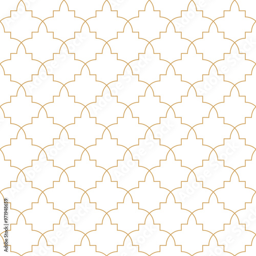 Geometric seamless pattern of interlocking quatrefoils with curved sides in gold color on a white background. Ideal for elegant and sophisticated designs.