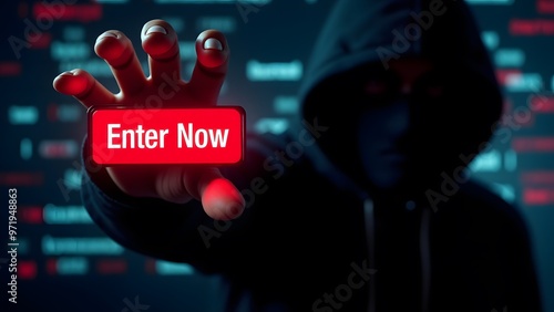 A masked figure holds a glowing red "Enter Now" button in a cyber-themed setting, suggesting phishing or a digital scam