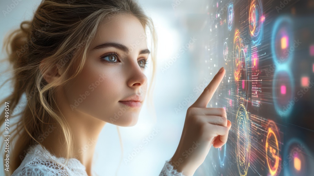 A woman is pointing at a screen with a blue circle A woman is pointing at a screen with a blue circle