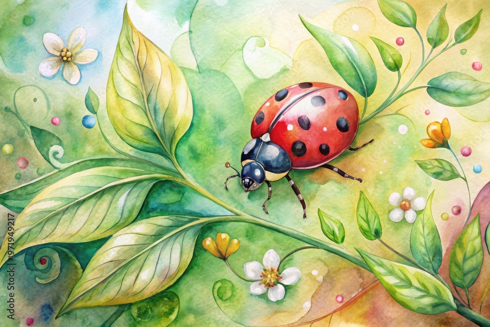 Vibrant watercolor painting of a delicate ladybug perched on a bright green leaf, surrounded by whimsical florals and intricate details on a soft, creamy background. Vibrant watercolor painting of a delicate ladybug perched on a bright green leaf, surrounded by whimsical florals and intricate details on a soft, creamy background.