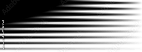 Horizontal thin line halftone gradation texture. Fade straight stripe gradient background. Black lines pattern backdrop. Vanishing parallel stripes wallpaper for overlay, print, cover. Vector