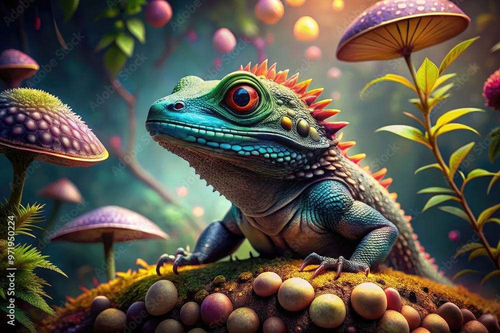 Obraz premium Vibrant, whimsical illustration of a lizard sitting on a mushroom, surrounded by lush greenery, with intricate scales and playful, expressive eyes in a fantasy setting.