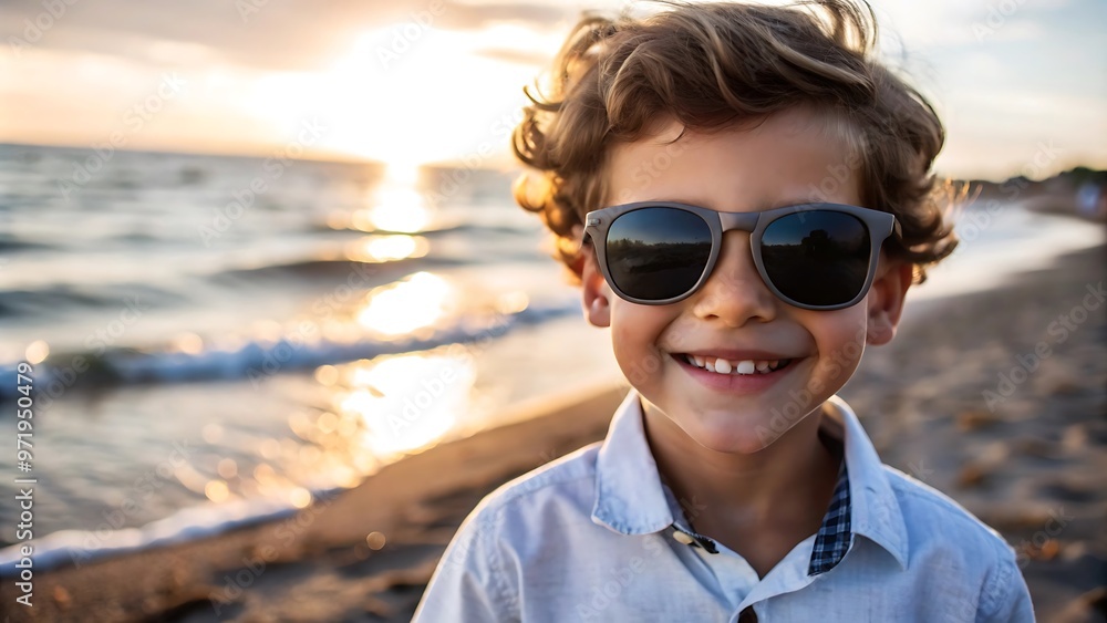 Happy Boy Wearing Sunglasses on the Beach at Sunset. Happy Boy Wearing Sunglasses on the Beach at Sunset.