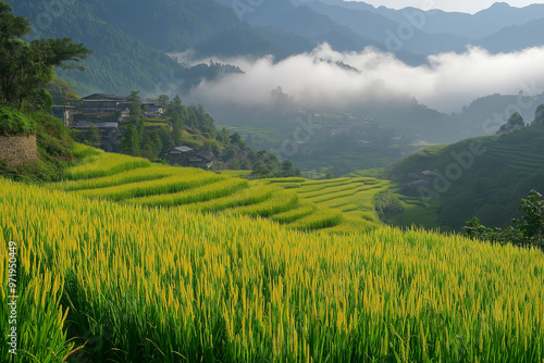 Terraced Rice Fields in the Morning Mist