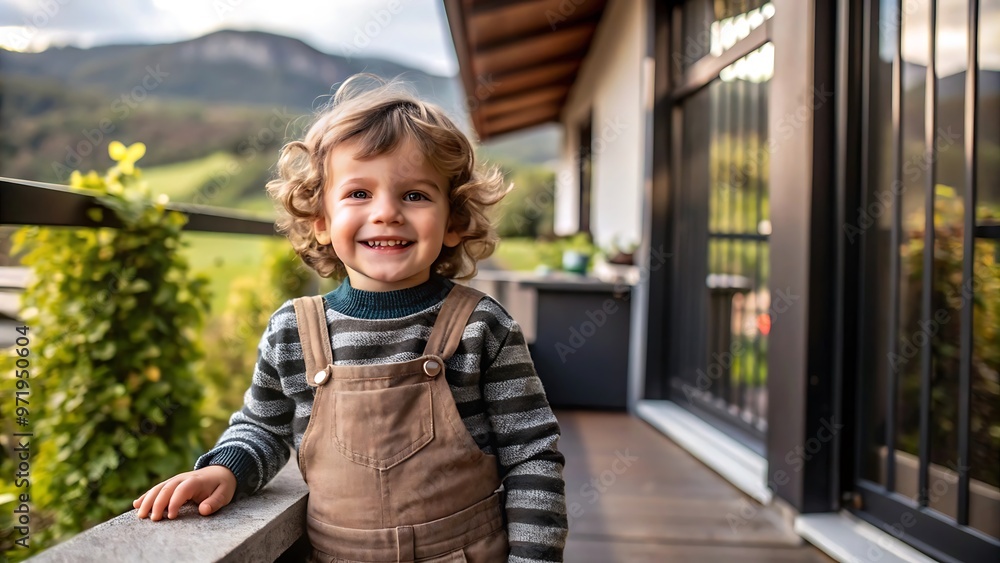 Fototapeta premium Happy little boy smiling on porch.