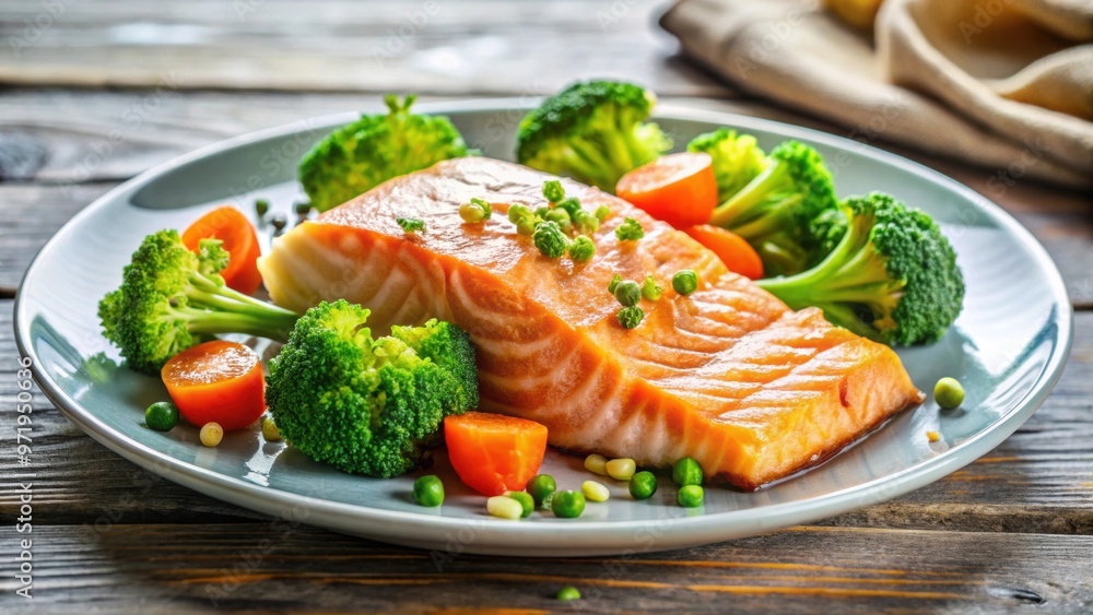 A healthy and colorful plate of food with cooked salmon, fresh broccoli, and carrots , salmon A healthy and colorful plate of food with cooked salmon, fresh broccoli, and carrots , salmon
