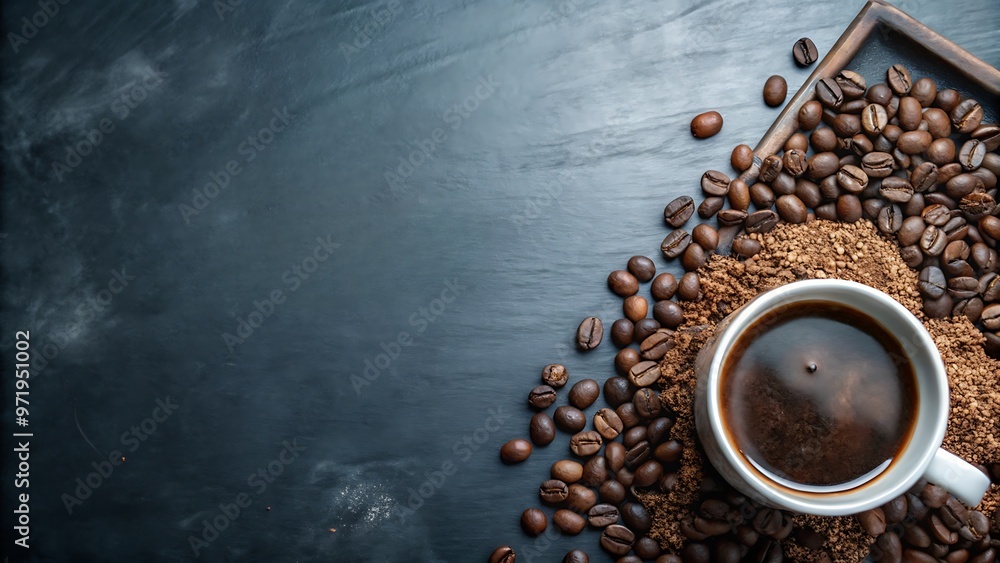 Coffee Beans, Coffee Cup and Coffee Grounds on a Black Background. Coffee Beans, Coffee Cup and Coffee Grounds on a Black Background.