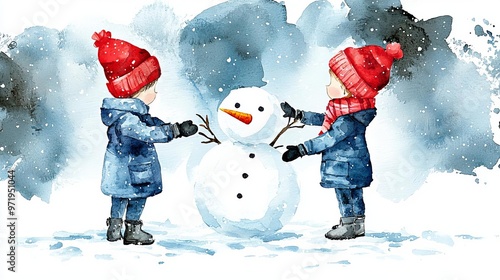 Children building a snowman, cozy house with warm lights in background, watercolor style