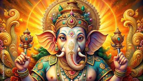 Vibrant, whimsical illustration of revered Hindu deity Ganesh, depicted with four arms, wise eyes, and intricate details, set against a warm, golden background.