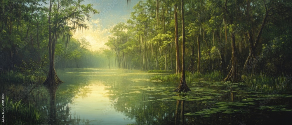 Oil painting depicting a serene swamp scene Oil painting depicting a serene swamp scene