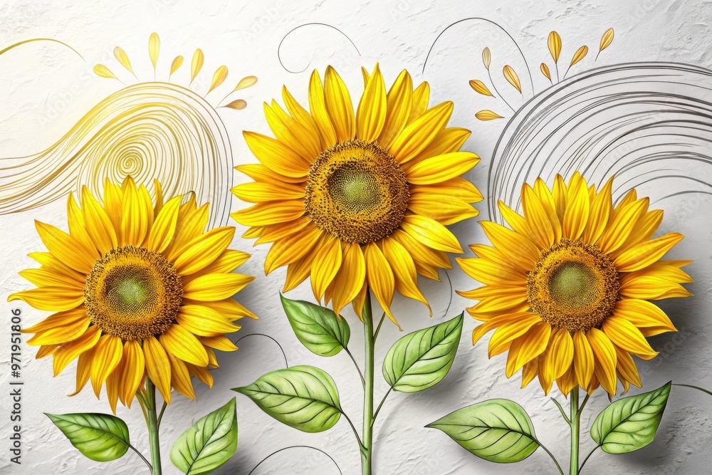 Obraz premium Vibrant yellow sunflowers bursting with energy and optimism, hand-drawn in a playful modern style, set against a clean white background with loose, expressive lines.