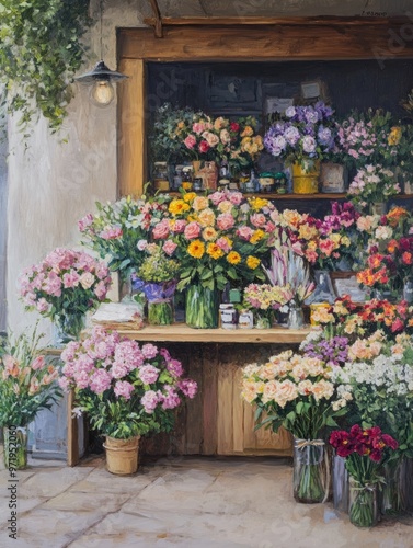 Oil painting depicting a florist s workspace with flowers featuring space for text Focus on floral arrangements and training in floristry photo