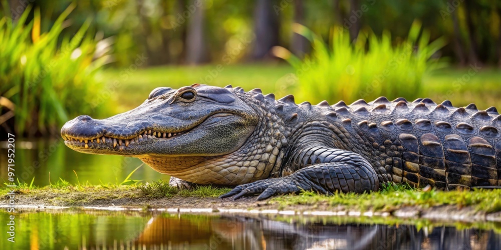 Large and powerful American alligator in its natural habitat, wildlife, predator, reptile, marsh, wetlands, danger, fierce Large and powerful American alligator in its natural habitat, wildlife, predator, reptile, marsh, wetlands, danger, fierce