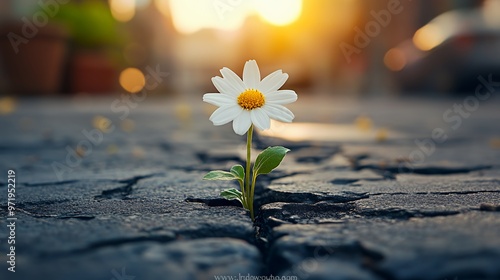 A single white daisy flower grows out of a crack in the asphalt road. #971952219