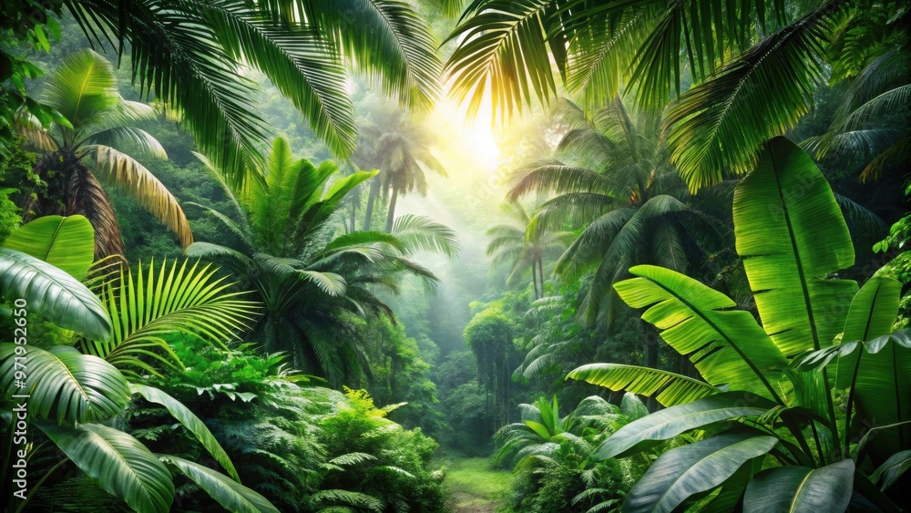 Fototapeta premium Lush tropical jungle with vibrant green foliage, Tropics, jungle, plants, green, lush, foliage, nature, vibrant