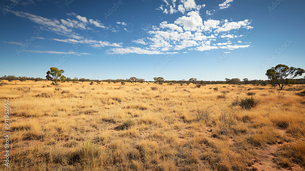 A wide shot of the Outback, highlighting clusters of mulga trees and native plants under the vast, clear sky A wide shot of the Outback, highlighting clusters of mulga trees and native plants under the vast, clear sky