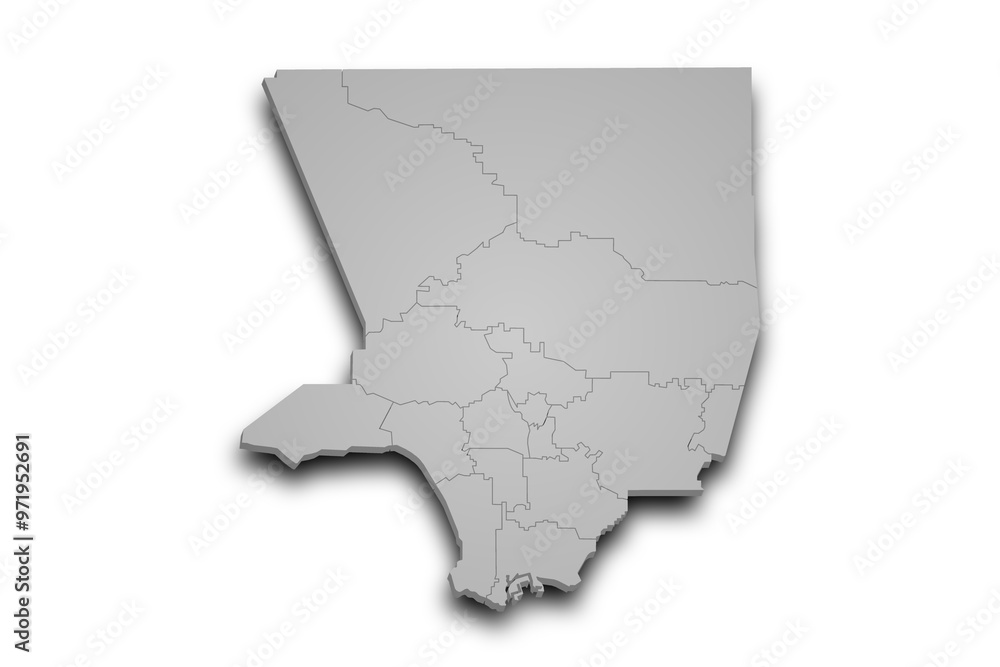 Fototapeta premium 3d Map of Los Angeles County with regions and color. California, United State of America, US, United State