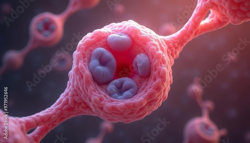  Microscopic view of a cell with a nucleus and mitochondria photo