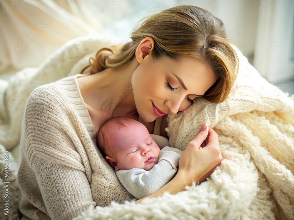 Warmly lit portrait of a loving mother gently cradling her sleeping newborn baby, surrounded by cozy blankets and tenderly gazing at her little one's serene face. Warmly lit portrait of a loving mother gently cradling her sleeping newborn baby, surrounded by cozy blankets and tenderly gazing at her little one's serene face.