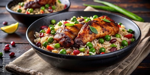 Wallpaper Mural Jamaican jerk chicken with rice and peas served in a stylish black bowl, Caribbean cuisine Torontodigital.ca