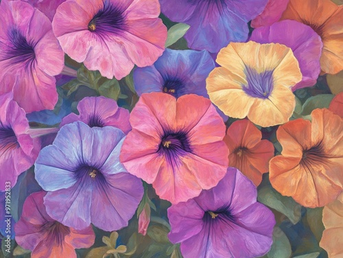 Wallpaper Mural Close up oil painting of Petunia Duo Double featuring vibrant blooms in a garden setting Torontodigital.ca