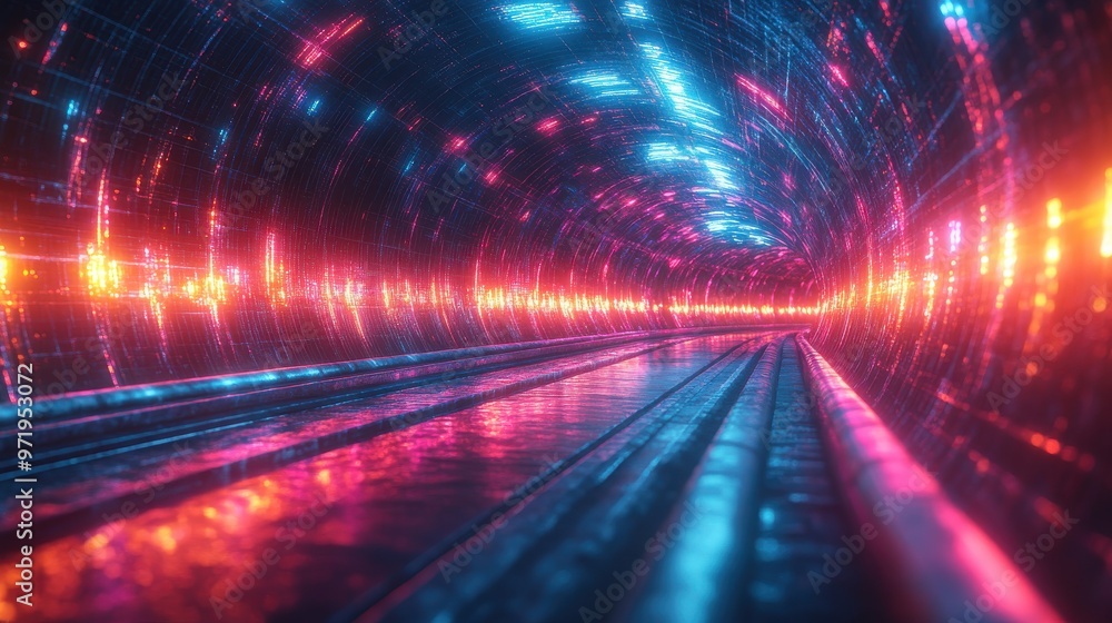 Obraz premium animation fast flight inside virtual futuristic tunnel with twists an turns abstract neon backgroun with glowing lines