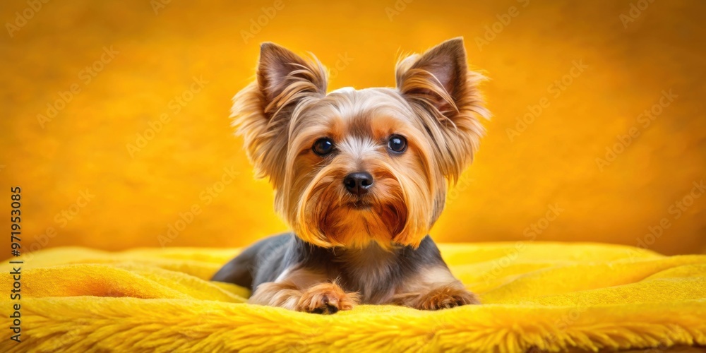Yorkie dog lying on a yellow blanket, looking ready for a grooming session, Yorkie, dog, pet, adorable, grooming, session, cute Yorkie dog lying on a yellow blanket, looking ready for a grooming session, Yorkie, dog, pet, adorable, grooming, session, cute