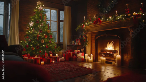 Wallpaper Mural fireplace with christmas tree and decoration Torontodigital.ca