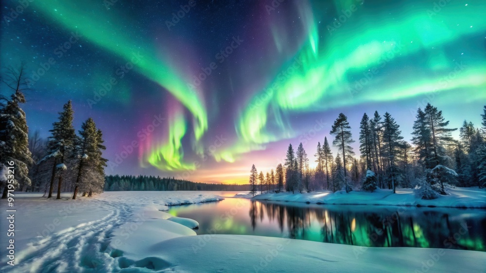 Beautiful aurora northern lights glowing in winter night sky over snow-covered forest and lake , aurora, northern lights Beautiful aurora northern lights glowing in winter night sky over snow-covered forest and lake , aurora, northern lights