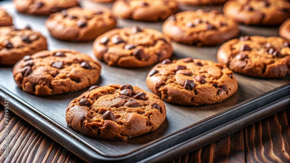 Close-up photo of delicious chocolate cookies on a baking tray, chocolate, cookies, sweet, dessert, snack, homemade, baked Close-up photo of delicious chocolate cookies on a baking tray, chocolate, cookies, sweet, dessert, snack, homemade, baked