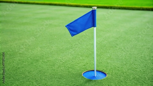 Blue golf flag on a miniature golf putting green , miniature golf, blue flag, putting green, golf course