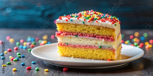 A delicious slice of cake with colorful icing and sprinkles , dessert, celebration, baked goods, birthday, party