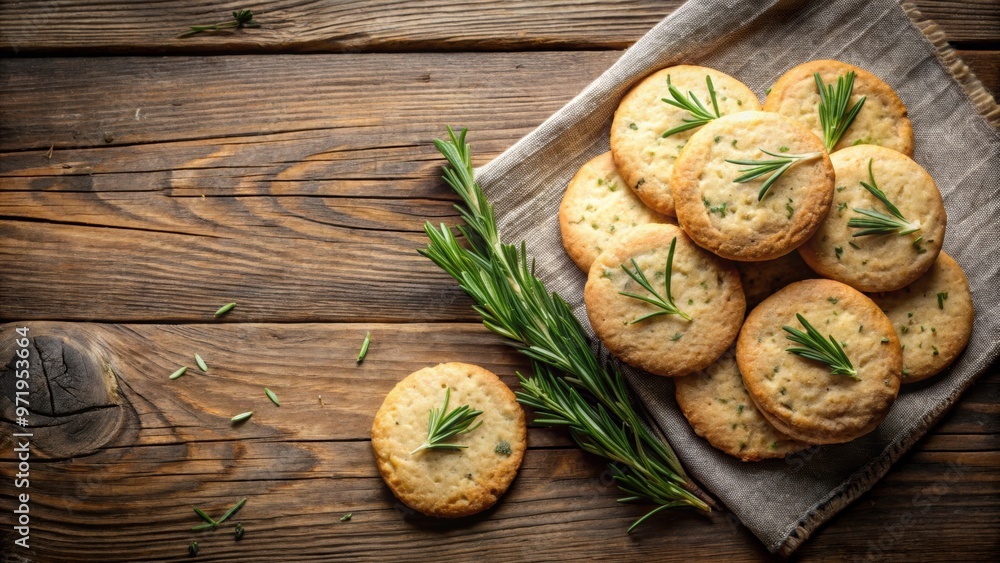 Italian rosemary biscuits on a rustic wooden table, top view, organic, crispy, snacks, flat lay, food, gourmet Italian rosemary biscuits on a rustic wooden table, top view, organic, crispy, snacks, flat lay, food, gourmet