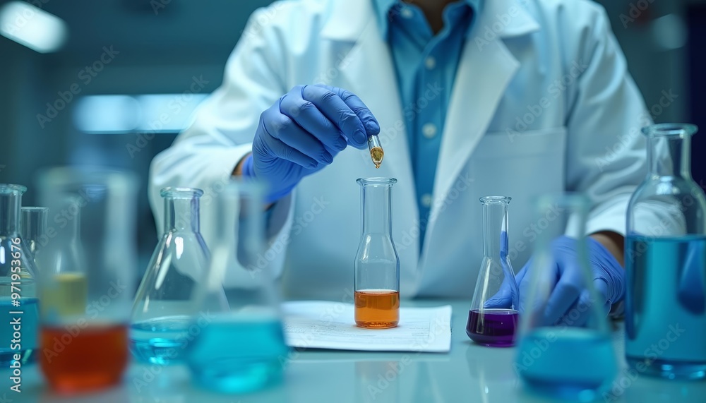 Experimenting with precision A scientist carefully adds a drop of liquid to a test tube Experimenting with precision A scientist carefully adds a drop of liquid to a test tube