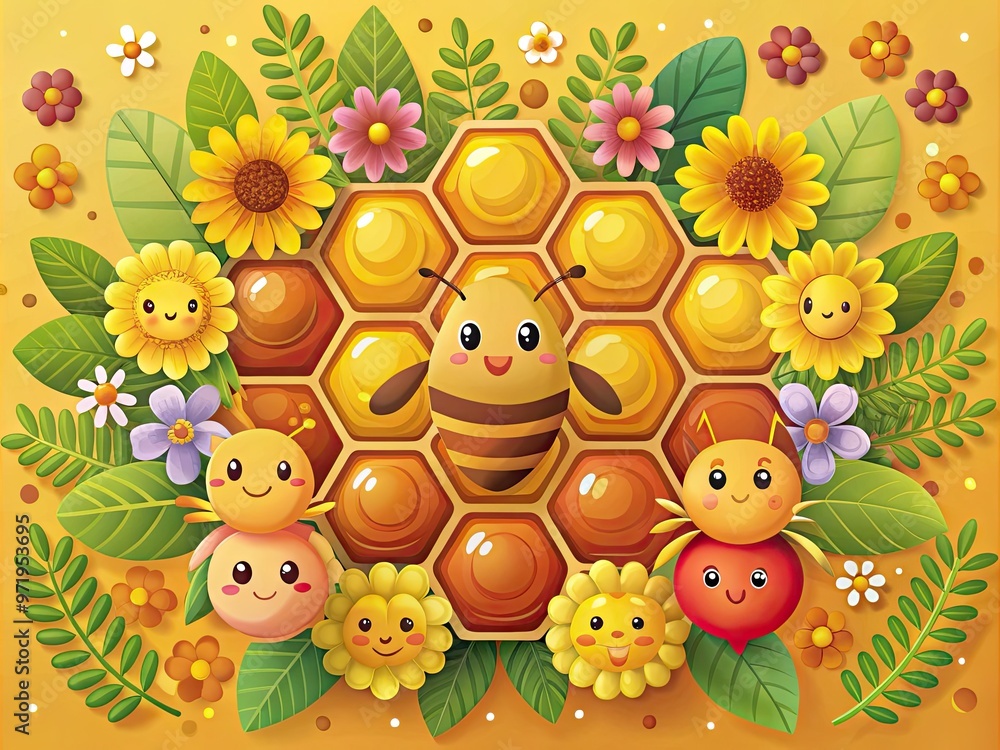 Naklejka premium Whimsical digital illustration of a smiling honeycomb dripping with golden honey, surrounded by scattered bees, flowers, and leaves in a warm, sunny color palette.