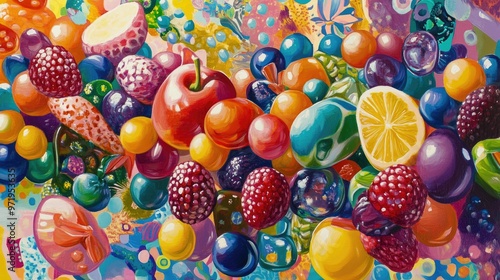 Vibrant oil painting featuring a multitude of fruit shaped candies against a colorful patterned backdrop photo