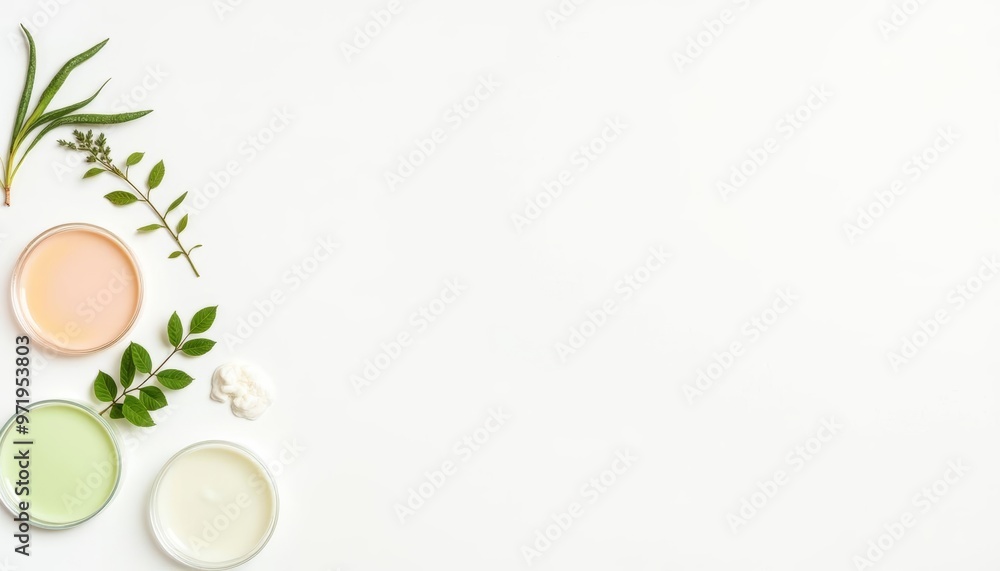 Essential oils and natural beauty products on a white background Essential oils and natural beauty products on a white background