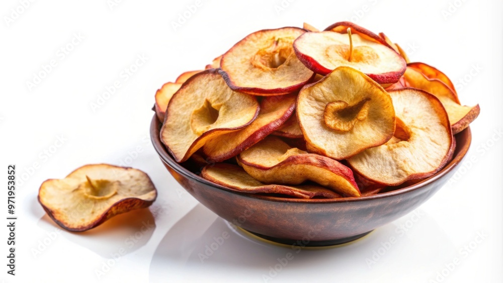 Delicious apple chips on a white background , crunchy, fruity, healthy, snack, natural, crispy, sweet, dried, slices, dehydrated Delicious apple chips on a white background , crunchy, fruity, healthy, snack, natural, crispy, sweet, dried, slices, dehydrated