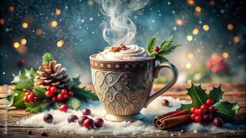 Whimsical digital illustration of steaming hot chocolate in a ornate ceramic mug, adorned with marshmallows, festive holly, and swirling steam on a snowy winter background. photo