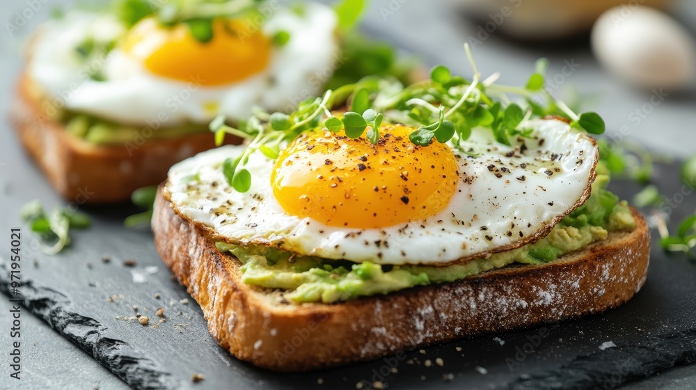 Avocado Toast with Fried Egg and Microgreens Avocado Toast with Fried Egg and Microgreens