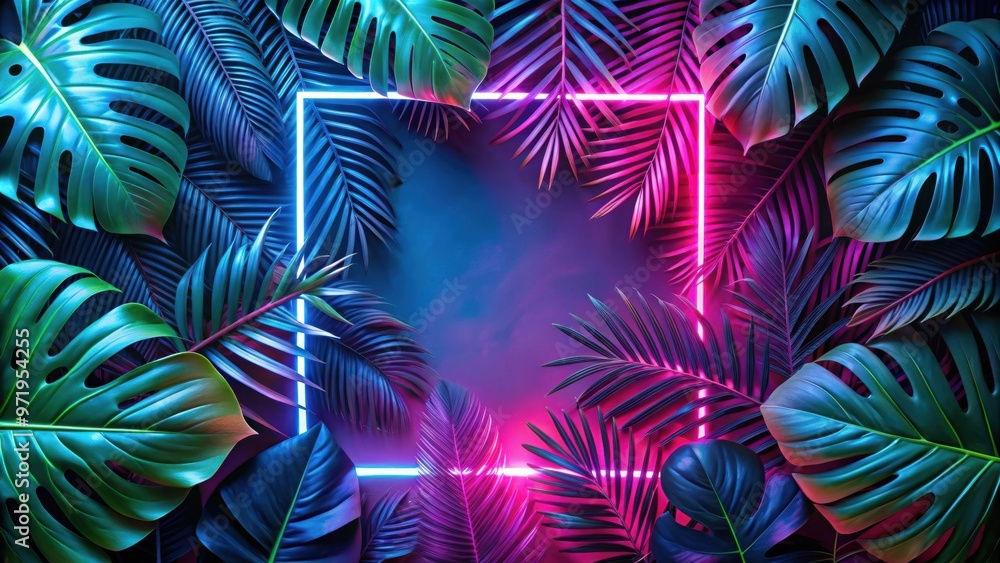 Creative tropical leaves composition with neon light square overlay. Flat lay design with vibrant fluorescent colors, Tropical Creative tropical leaves composition with neon light square overlay. Flat lay design with vibrant fluorescent colors, Tropical