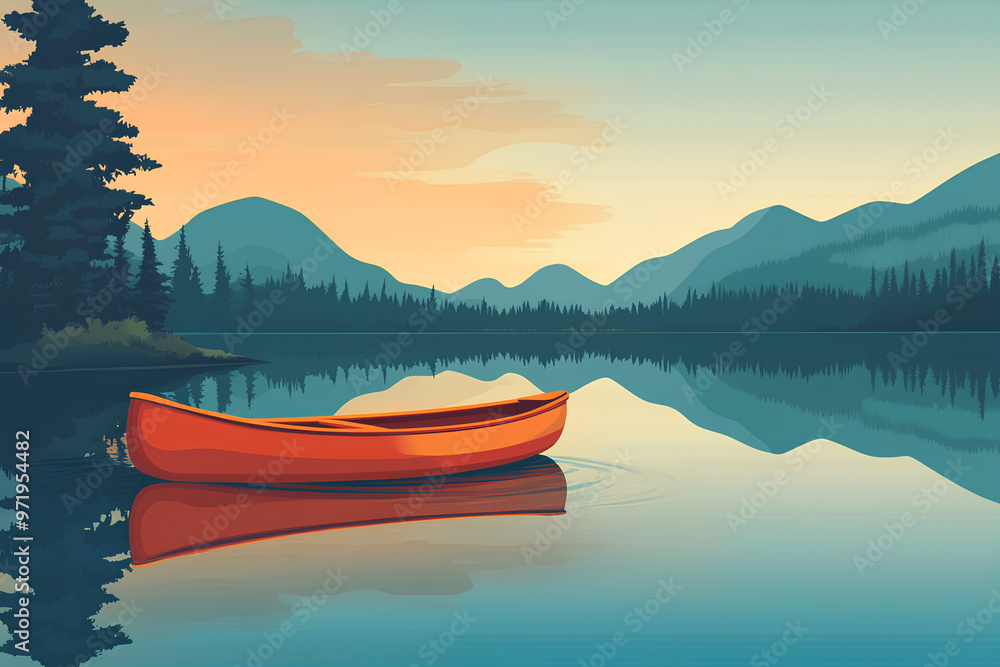 A serene lake scene with a lone red canoe against a backdrop of mountains and trees. A serene lake scene with a lone red canoe against a backdrop of mountains and trees.
