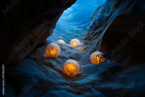 Wallpaper Mural Spider guarding glowing cocoons in mysterious cave Torontodigital.ca