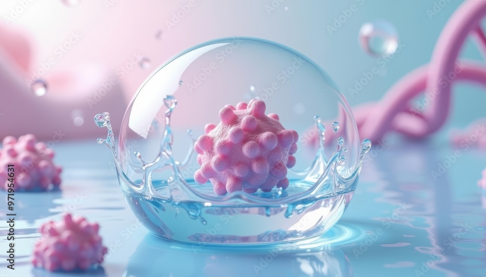 Ethereal pink spheres in a crystal sphere floating on a dreamy blue surface Ethereal pink spheres in a crystal sphere floating on a dreamy blue surface