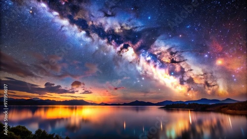 Stunning landscape featuring the Milky Way galaxy, the Lagoon Nebula, and galaxy M87 in the night sky, Milky Way photo