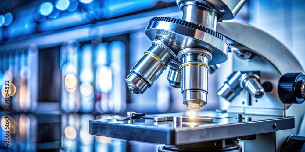 Close-up shot of microscope with metal lens at laboratory, microscope, close-up, metal lens, laboratory, science Close-up shot of microscope with metal lens at laboratory, microscope, close-up, metal lens, laboratory, science