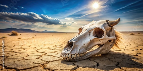 Skull of a horse lying in the dry desert , horse, skull, desert, bones, dried, arid, barren, wildlife, animal, nature, decay photo