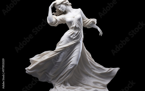 Stunning white marble statue of a graceful woman in motion standing against a black background. Marble statue of ballerina 